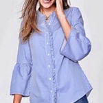 Boden Wide Bell Long Sleeve Ruffle Front Button Down Shirt Top Blue Size 6 UK 10 Photo 0