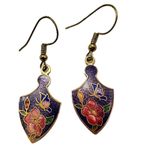 Vintage Cloisonne Dangle Earrings Purple Floral Shield Shaped Oriental Butterfly Gold Photo 0