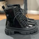 Chunky Sole Patent Leather Moto Biker Boots Platform Black Combat Booties Size 8 Photo 1