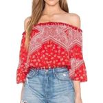 Tularosa Alexa Off The Shoulder Top Cherry Red Bandana Print Pom Poms Sz Medium Photo 0