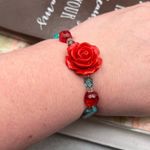 Red Rose Statement Beaded Bracelet – Boho Indie Cottagecore Blue Glass Beads Photo 1