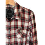 Guess Button Up Shirt Women's L Burgundy Plaid Embroidered Rush Concert Roll Tab Photo 2