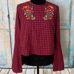 INA Women’s Plaid Bell Sleeves Blouse Crew Neck Sz Medium Photo 2