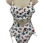 ASOS One Piece Swimsuit Women 8 White Butterfly Print Polyester Cinch Sides NWOT Photo 0
