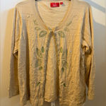 Oscar de la Renta  Cream Cardigan with Green Leaf Accents Photo 0