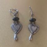 Silver Tone Heart & Black Bead Drop Earrings, Pierced Photo 0