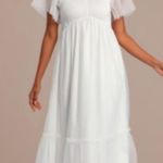 petallush White Dot V Neck Short Ruffle Sleeve Smocked Midi Dress Photo 1