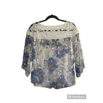Anthropologie ✨ White Blue Lace Graphic Floral Print Sheer Silk Blouse✨ Photo 4