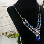 Silver Gunmetal Royal Blue Pendant Necklace and Earrings Set Photo 1