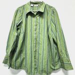 Ishyu Button Blouse 2X Green Teal Striped 100% Cotton Grannycore Work Lagenlook Size XXL Photo 0