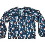 SheIn Long Sleeved Ruffle Neck Geo Print Blouse Blue Size Small Photo 0