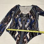 Free People  Pick A Place Bodysuit Long Sleeve Sz XS Midnight Combo Blue Pattern Photo 6