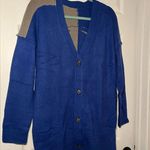 Woman’s Size Medium Color Block Skull Cardigan Open Front Button Down Oversized Blue Photo 2