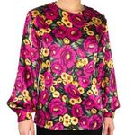 Vintage Magenta Pink & Yellow Floral Long Sleeve Satin Blouse Small Purple Photo 0