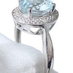 Natural Blue Aquamarine Solid 10K White Gold Diamond Engagement Halo Rin… Photo 4
