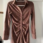 Isalis  Brown French Terry Collared Button Down Long Sleeve Ruched Mini Dress NWT Photo 0
