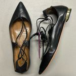 Aquazzura Christy Flat Black Leather Tie Up Lace Ankle Gold Plated EUR Size 35.5 Photo 1