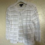Jones New York Crochet White Cardigan Sweater with Intricate Lacy Pattern Small Photo 0