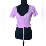 ZARA  Pink Ruffled Ruched Waist Front Tie V-Neck Top – Coquette Style Blouse | S Photo 4