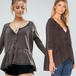 Free People Grunge Henley Thermal Ruffle Peplum Tee Washed Dark Brown Raw Hems M Photo 2