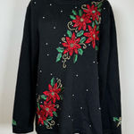 Basic Editions Holiday Sweater Cotton Blend Sequin Bead Embroidery Womens Large Black Photo 0