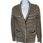 J.Crew  Harlow Wool Tan & Black Striped Fringe Trim Lightweight Cardigan Photo 1