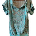 Vintage turquoise & gray terry cloth short sleeve hip length hoodie size medium Blue Photo 0