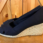 CHAPS Heels Womens 8.5 Dakoda Slip On Peep Toe Espadrille Wedge Black Fabric Photo 0