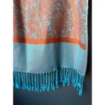 Orange and Turquoise Paisley Patterned Scarf with Fringe Photo 3