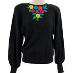 Bonnie Boerer Vintage Sweater Puff Sleeve Flower Applique Knit Size Medium Black Photo 0