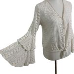 Hummingbird  Boho Crochet Bell Sleeve Button Front Tie Hem Top Small White Photo 2