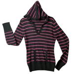 Hooded Sweater Womens Large Black Pink Striped Knit V Neck Kangaroo Pocket Soft Photo 1