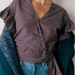Madewell NEW  Flutter-Sleeve Side-Tie‎ Wrap Top in Plaid, S Photo 0