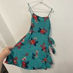 EXPRESS  Floral Square Neck Ruffle Wrap Dress Teal Blue Pink Boho Mini Fit Flare Photo 8