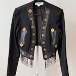 VTG John Murrough sz S Black Leather Trim Beaded Punk Festival Cropped Jacket Photo 0