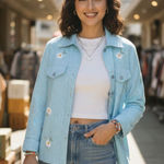 Quacker Factory Jacket Womens Small S Gingham Vintage Embroidered Floral Cotton Blue Photo 0