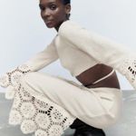 ZARA  Women's Cream Ecru Crochet Knit Boho Long Sleeve Cut Out Crop Top Size S Photo 1