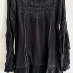 Lucky Brand Top Womens Medium Black Tunic Embroidered Boho Peasant Western Photo 0