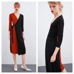 ZARA Red Black Colorblock Stretch Jersey Wrap Midi Dress Small Photo 1