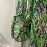 YA Los Angeles Ya Los Angeles Silk Blend Sheer Button Up Blouse with Tie at Neck Green Print Photo 3