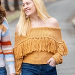 VICI Style Mustard Fringe Off The Shoulder Sweater Photo 0