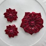 Vintage Metal Layered Flower Brooch and Ear Clips Red 2 1/4" x 2 1/4" + 1.5" Set Photo 7