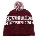 Victoria's Secret Womens PINK Pom Pom Knitted Beanie Winter Cap Hat Burgundy Photo 0
