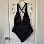 Cup she One Piece Black Swimsuit Cut Out Cross Back V Neck Ruched High Cut L NWT Photo 4