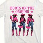 BRAND NEW ~ Women's White Cowboy "Boots On The Ground" T Photo 0
