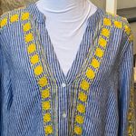 J.Crew Blue Striped 100% Linen Top with Yellow Embroidery Size Medium Photo 2