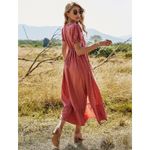 Boutique Rust Red Button Front Short Sleeve Ruffled Midi Dress Photo 4