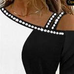 Chic Me Top Fashion Color Lock Water Diamond Cold Shoulder Top Casual Long Sleeve Photo 2