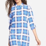 Equipment  Brett 100% silk blue white plaid tunic shirt dress size medium Photo 0