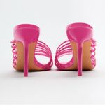ZARA Hot Pink Rhinestone Embellished Vinyl Sequin Strappy Open Square Toe High Heels Sandals Mules Photo 8